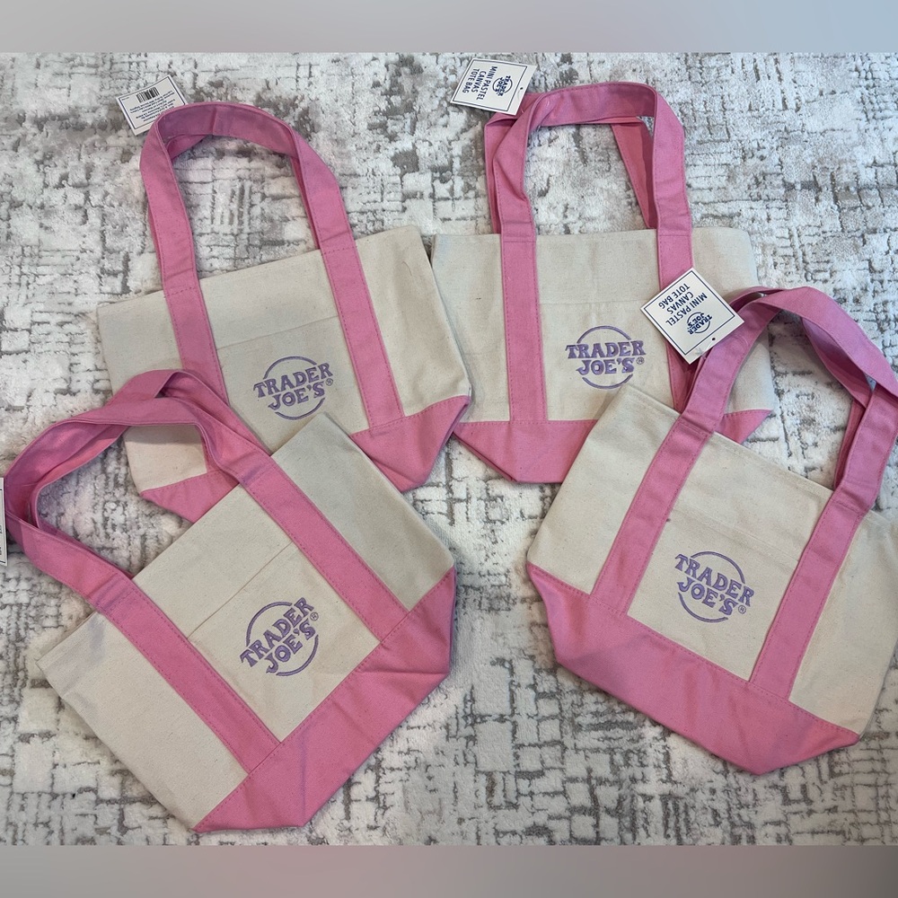 Trader Joes Mini Pastel Canvas Tote Bag 4 Piece Set NEW! Pink